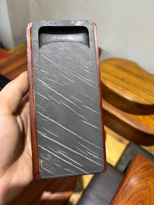 歙砚老坑龟甲细网格白眉龟甲长方素砚台