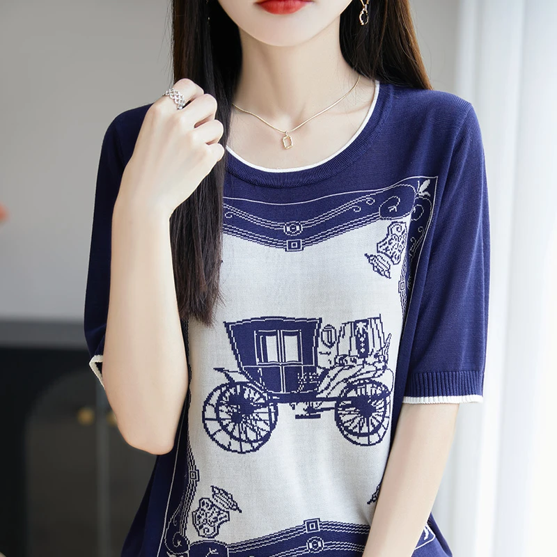 哥弟阿玛施正品民族风复古拼色气质大码圆领衫短袖女夏季T恤上衣