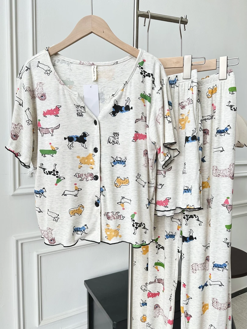 【彩虹小狗】带胸垫女士夏季可外穿莫代尔家居服短袖长裤短裤