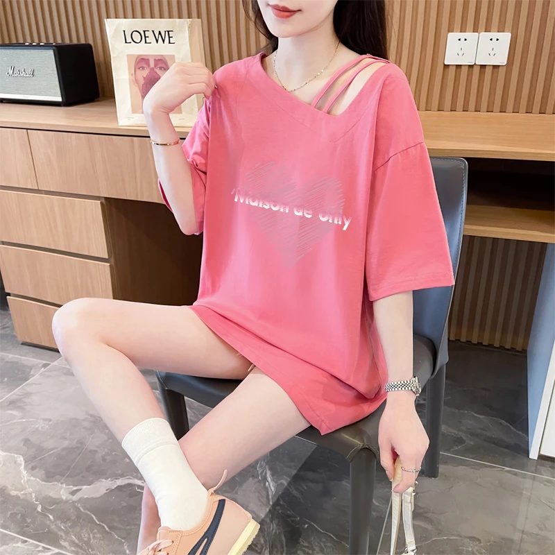 夏季新款纯棉短袖t恤女大码中长款宽松大版网红斜领拼接露肩上衣