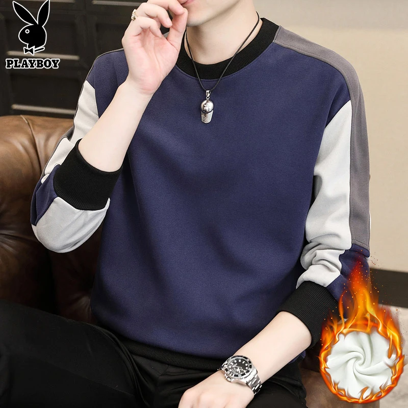 花花公子男士圆领卫衣冬季新款潮流宽松休闲百搭加绒保暖打底衫男