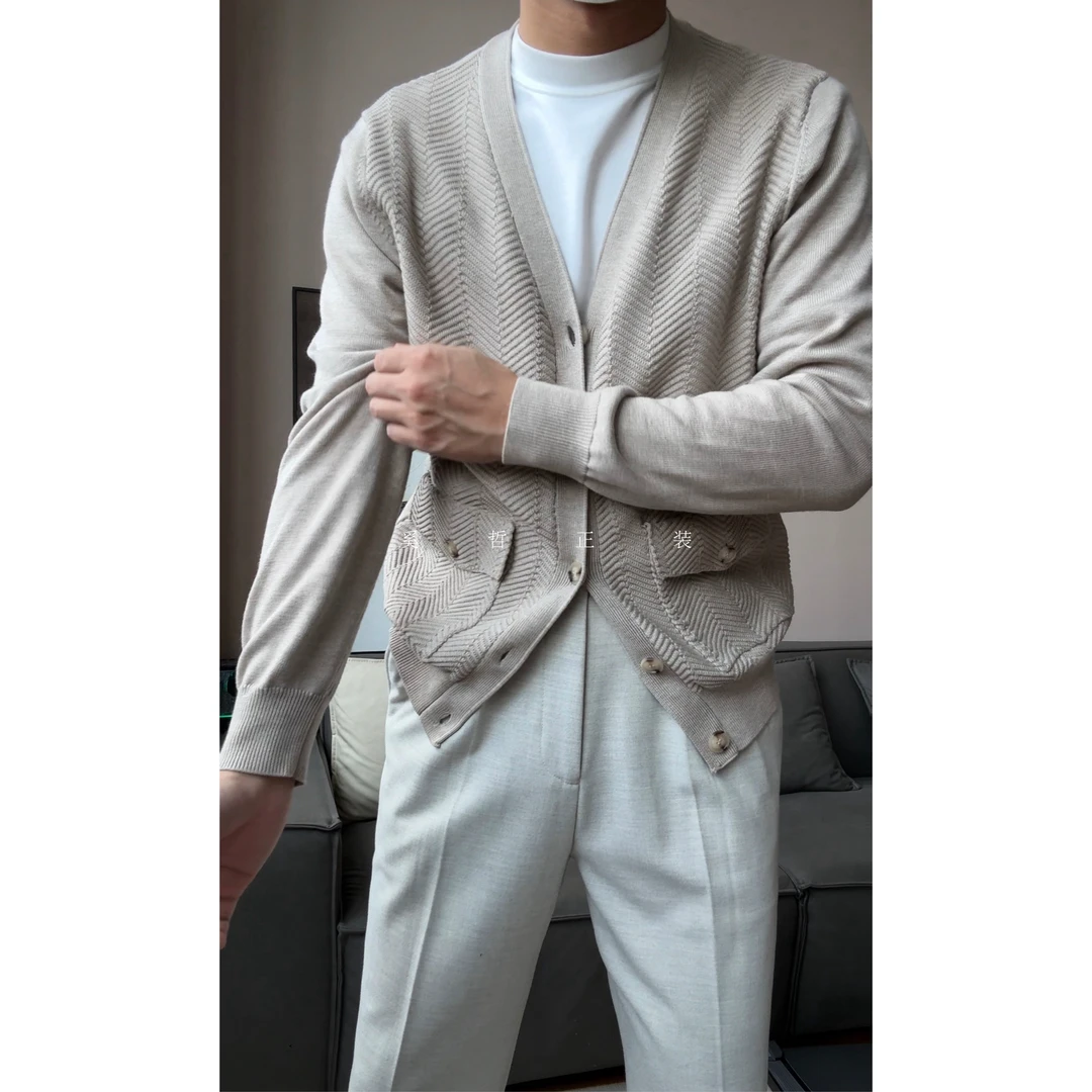 秋冬绅士开衫老钱风优雅男士长袖v领3327