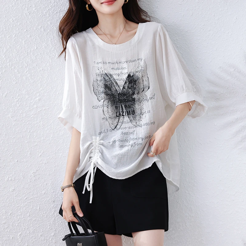 时尚字母粘钻蝴蝶圆领短袖T恤女2025夏新款抽绳宽松洋气百搭上衣