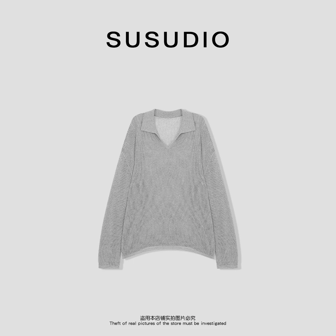 SUSUDIO 莱赛尔+亚麻 春夏V领镂空慵懒风防晒长袖针织衫50097