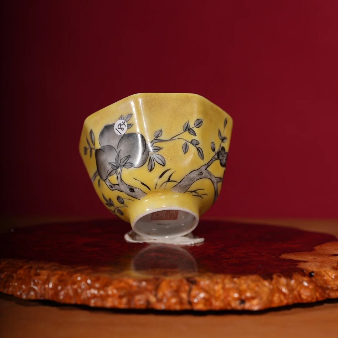 184粉彩墨彩寿桃杯  老粉彩杯 老茶杯 品茗 手绘 景德镇