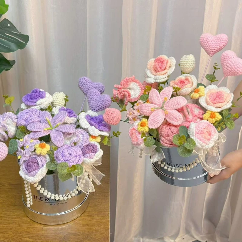 创意手工针织毛线混搭玫瑰郁金香仿真花抱抱桶送女友生日礼物惊喜