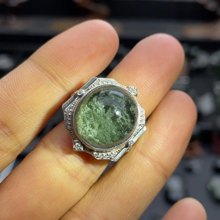 水晶银S925镶嵌戒指绿幽灵戒指