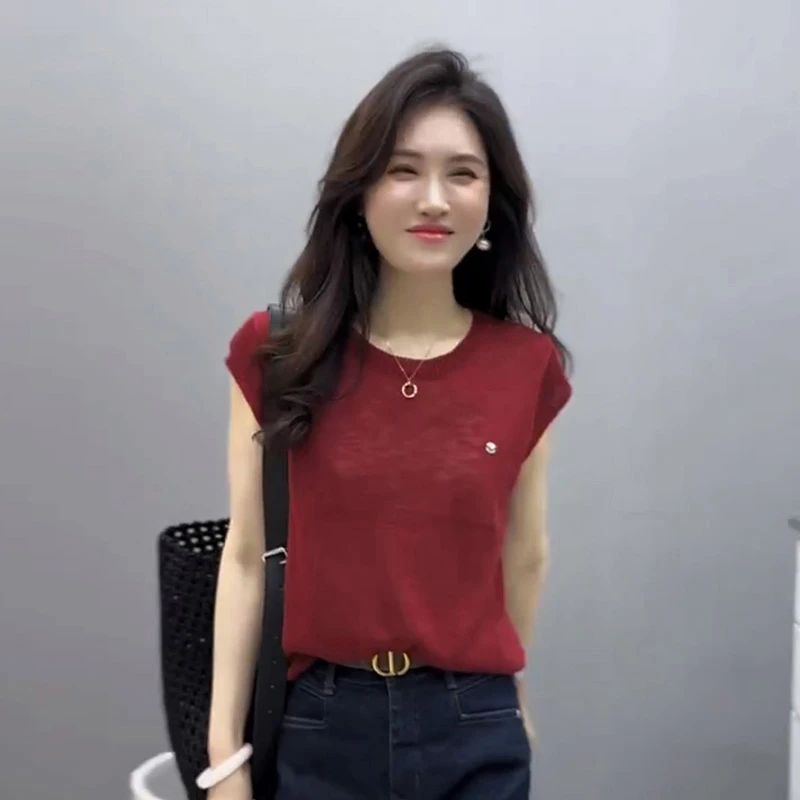 夏季薄款坎肩冰丝短袖针织衫女2025新款小衫设计感后背扣开衫上衣