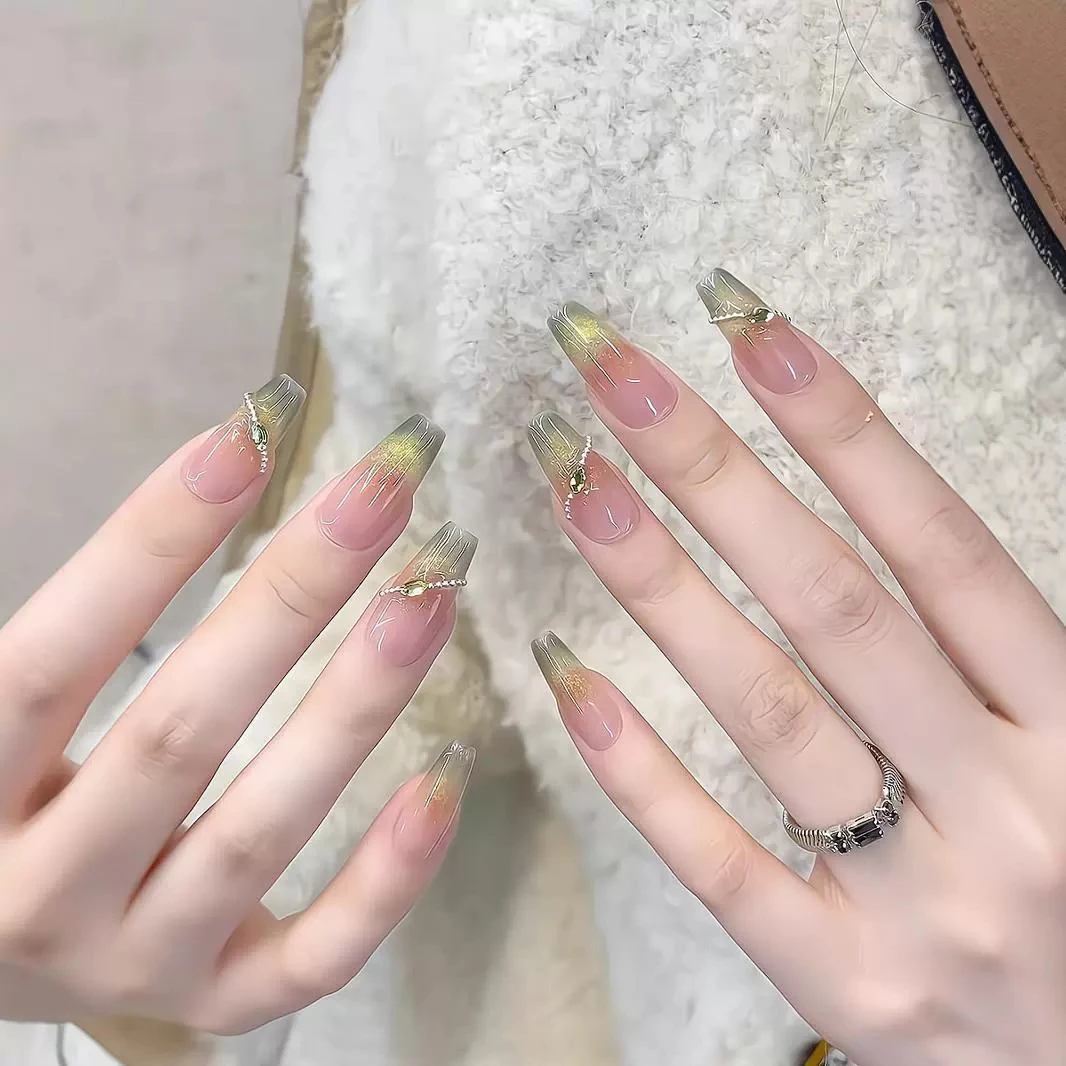 【凌洛原创】秋日氛围梦幻绿精灵猫眼梯形腮红手工穿戴甲美甲可拆卸