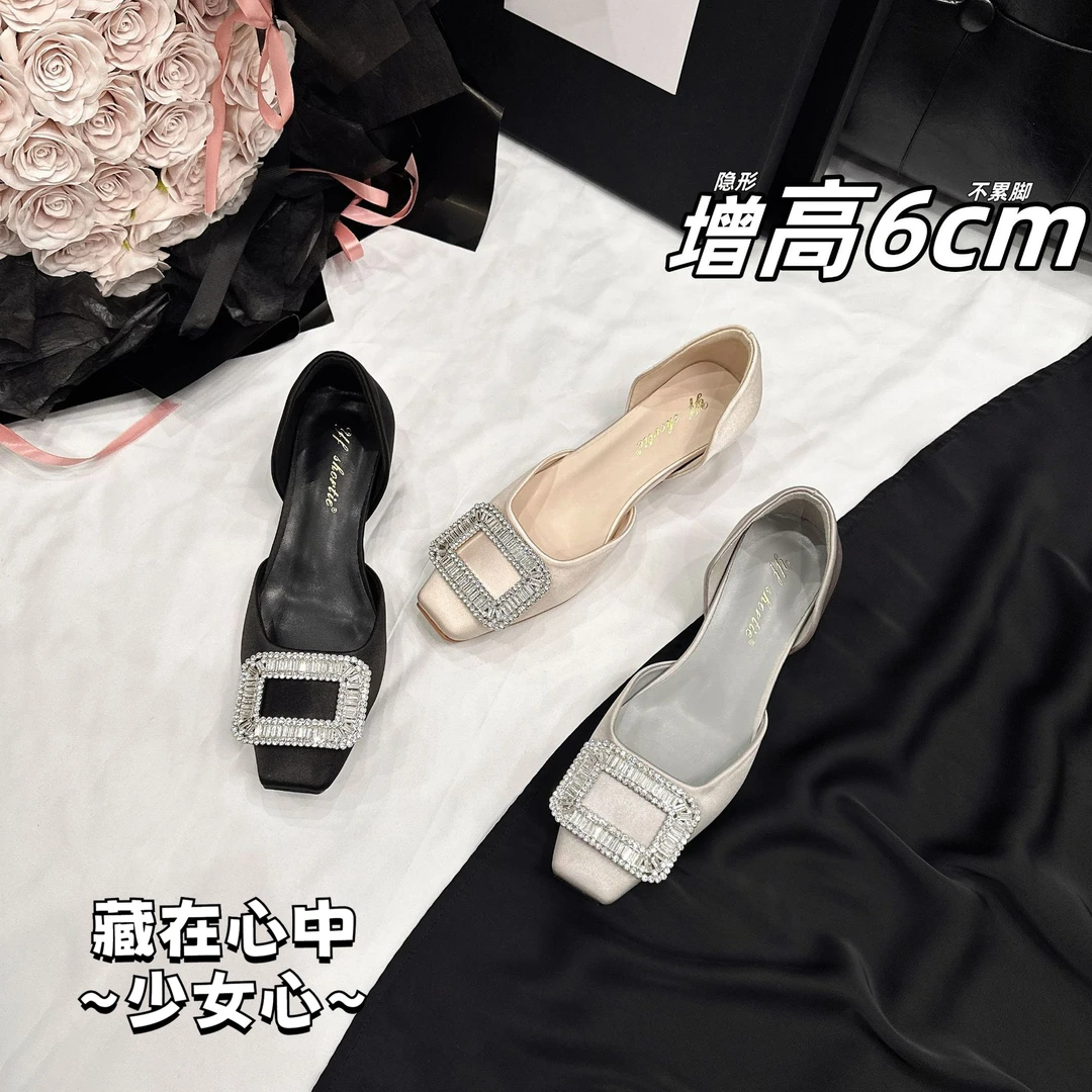 甜甜女孩&增高6cm雪花水钻扣平底单鞋女2025新款高跟透气中空凉鞋