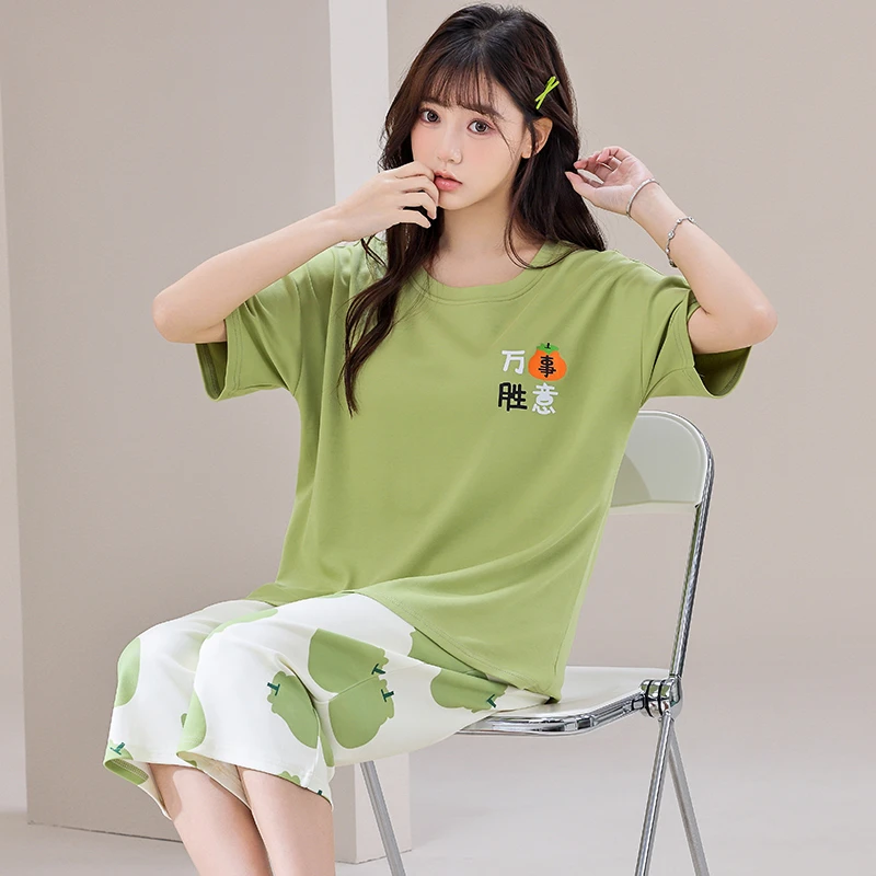 女士夏季带胸垫短袖七分裤薄款宽松可爱棉质家居服睡衣圆领套装