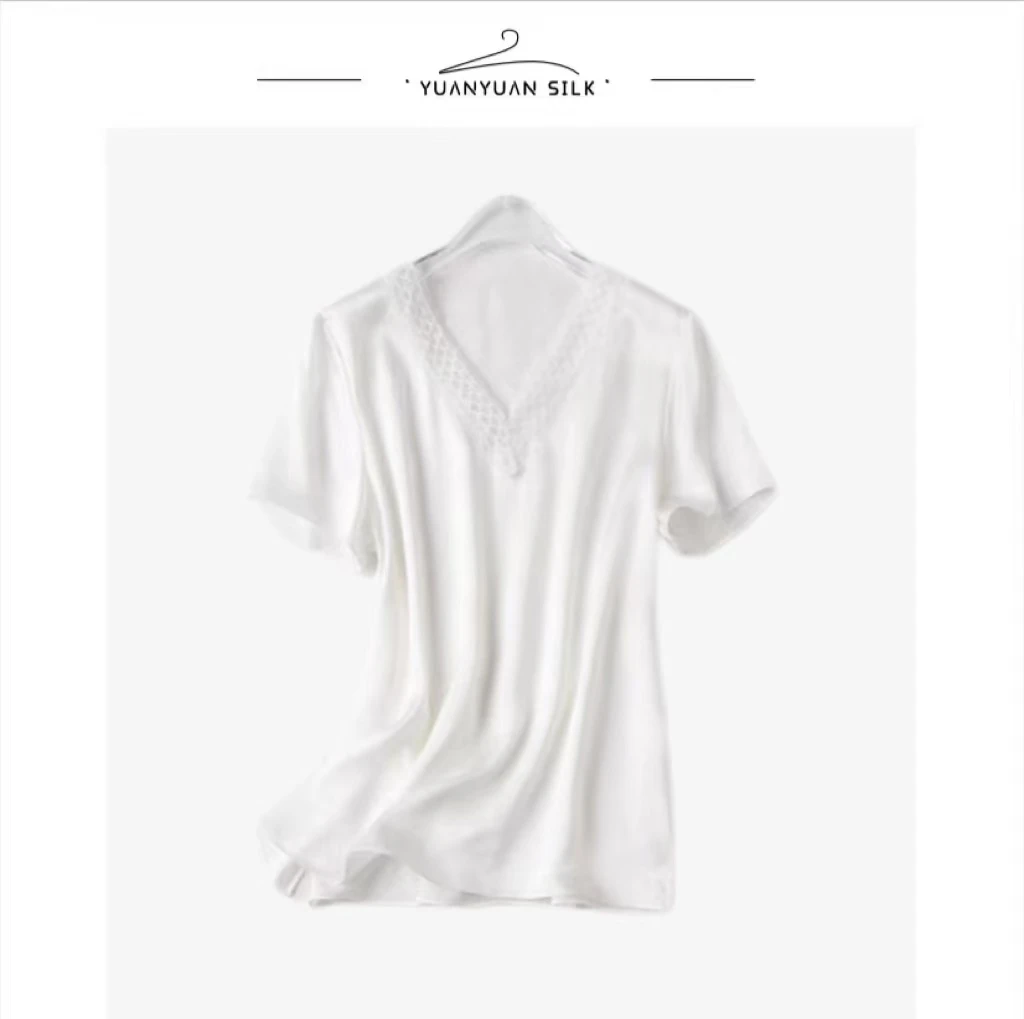 Y 重绉真丝~法式V领/薄如蝉翼/轻肤凉感/浪漫蕾丝拼接上衣o43