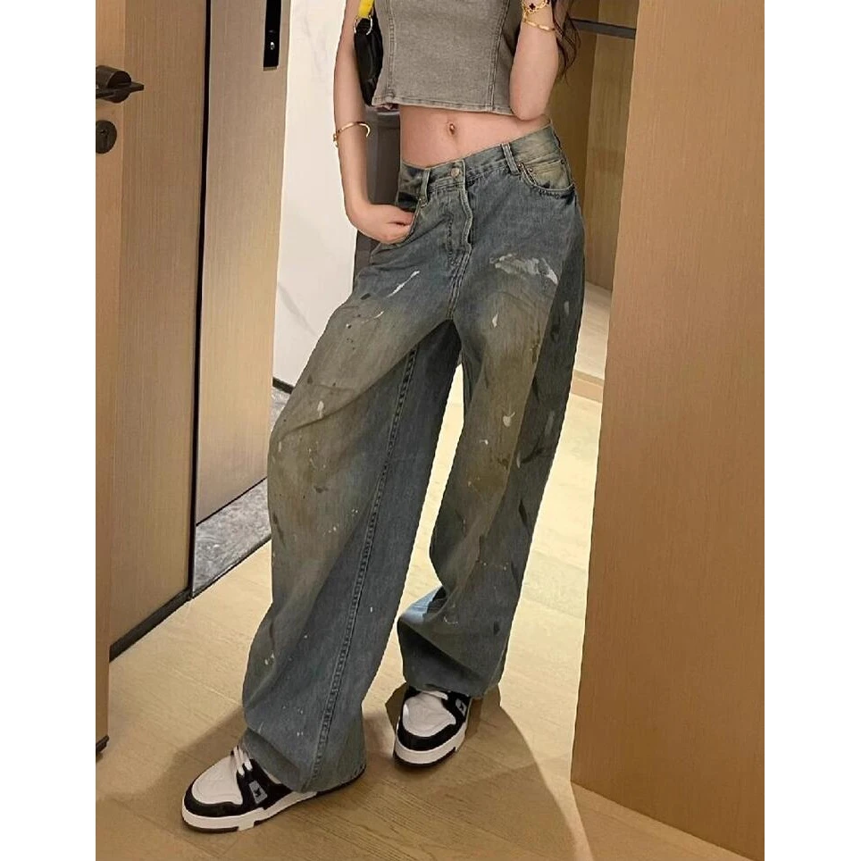 La Chapelle/拉夏贝尔夏季新款脏色做旧泼漆涂鸦印花设计牛仔裤潮