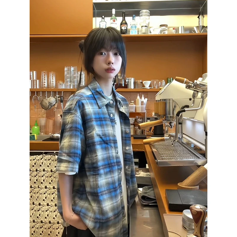 美式法兰绒蓝色格子短袖衬衫T恤男款复古高级感格纹半袖衬衣外套