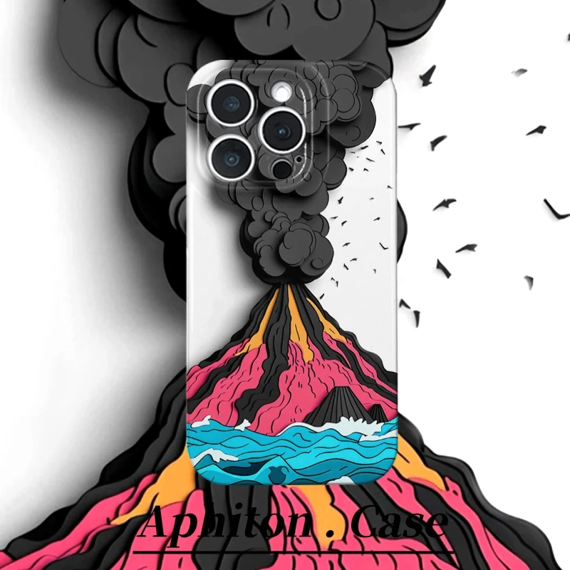 彩绘海面火山适用苹果16p菲林手机壳华为P70vivo小米15oppo
