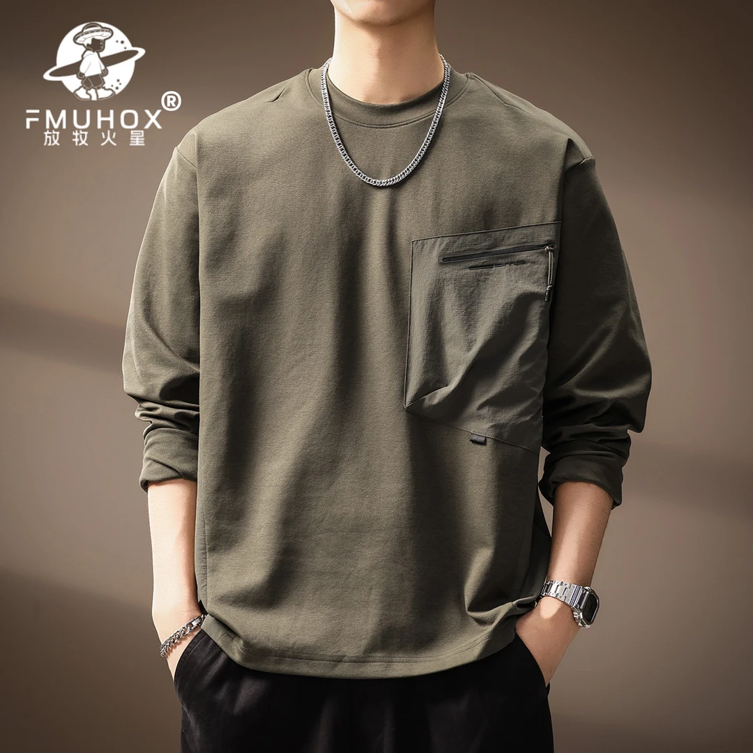 @放牧火星 美式长袖T恤男士卫衣秋冬季新款潮流拼色贴袋宽松T恤衫