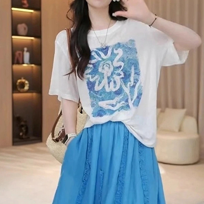 百搭宽松显瘦上衣夏季薄款胖MM大码女装时尚减龄花朵印花短袖T恤