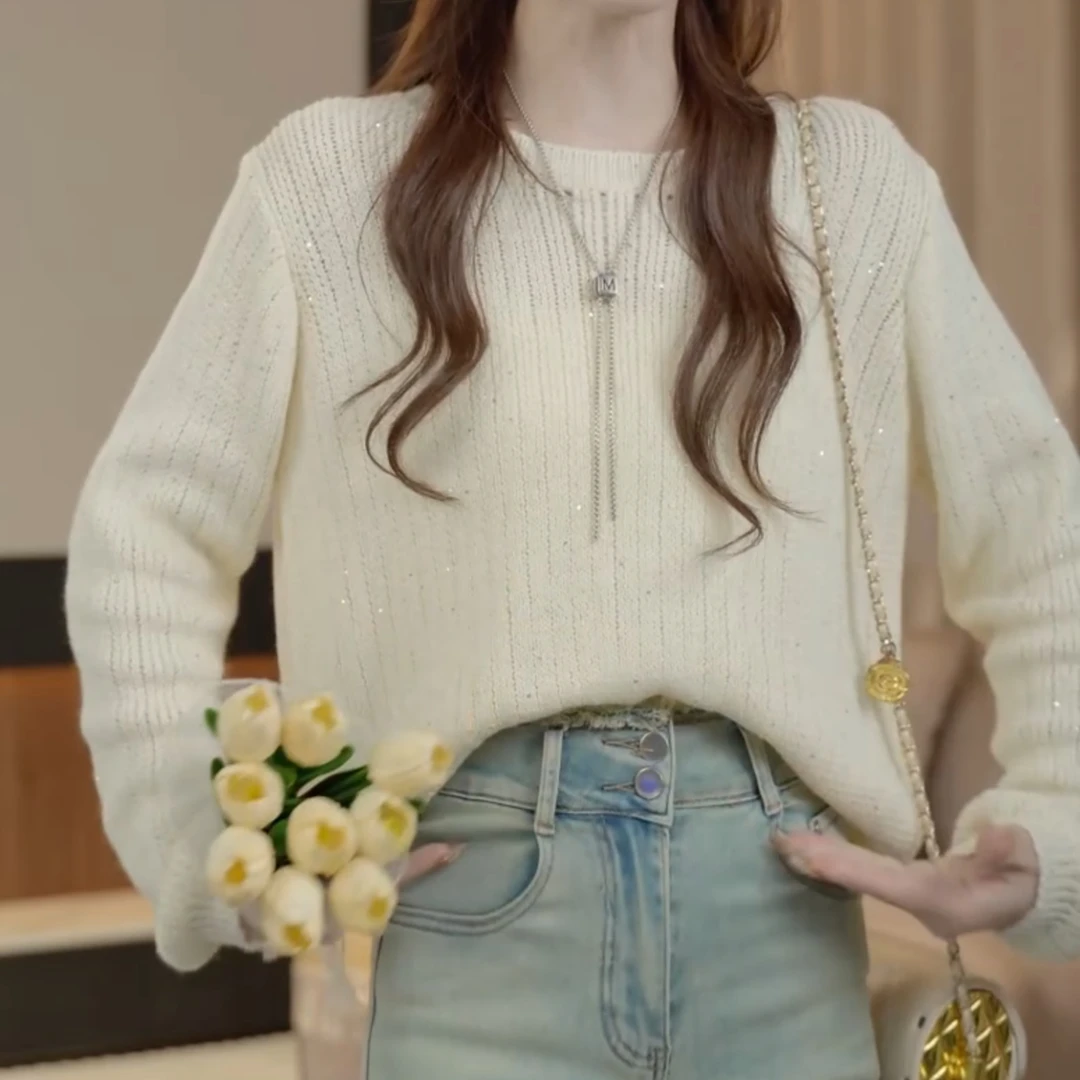 【泡菜少女】新款春季时尚百搭镂空项链圆领套头毛衣LK2501539