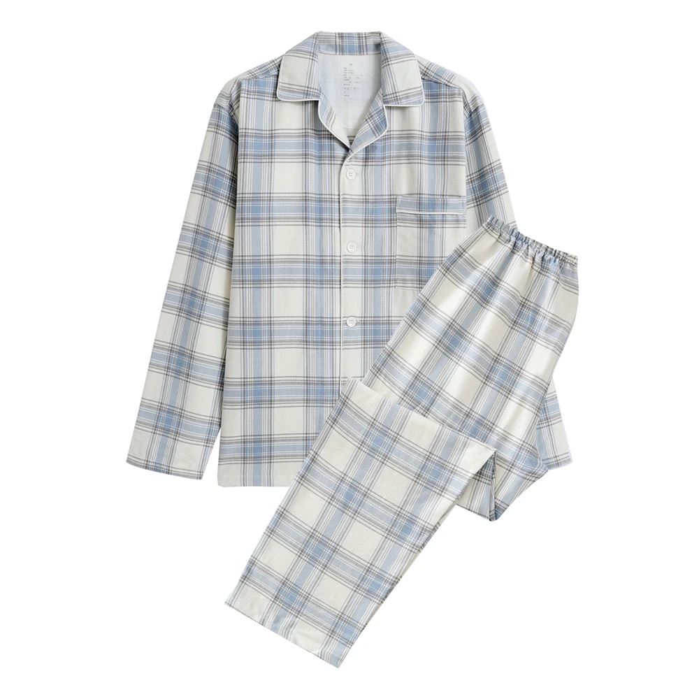 新款全棉磨毛睡衣春秋长袖长裤休闲外穿情侣家居服格子纯棉宽松