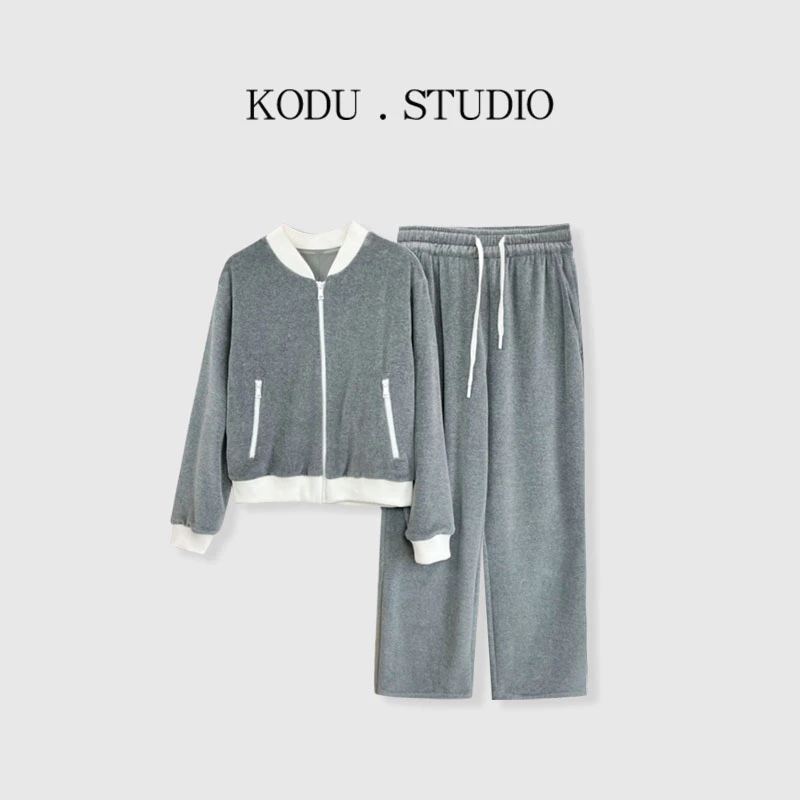 【刻度KODU】WX-5023春季丝绒学院风棒球服外套+直筒阔腿裤套装