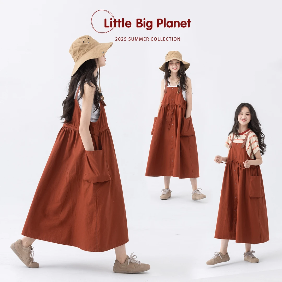 小小大星球童装 日系复古户外工装背带裙 夏季女童抽褶休闲连衣裙