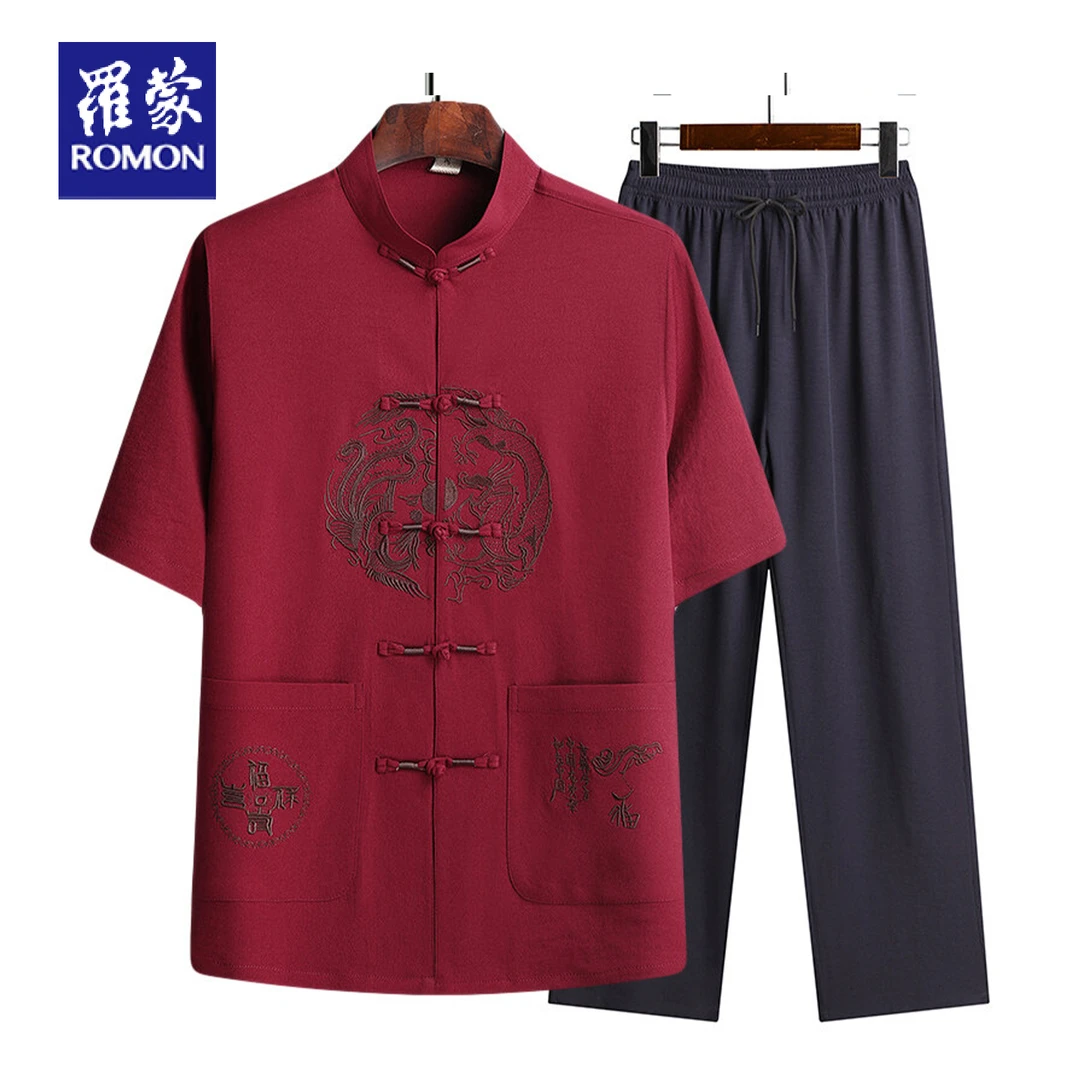 罗蒙唐装男士中国风爷爷短袖套装爸爸夏装中式老人衣服父亲节礼物