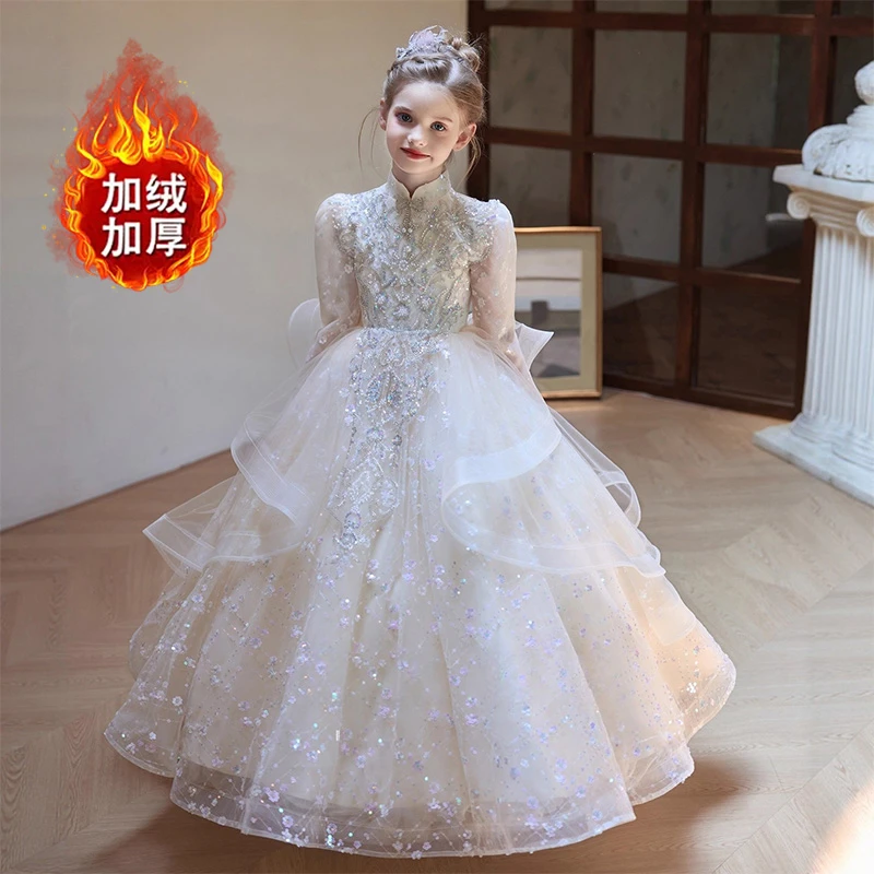绝美女童礼服冬长袖花童婚礼小女孩生日公主裙儿童走秀少儿主持人