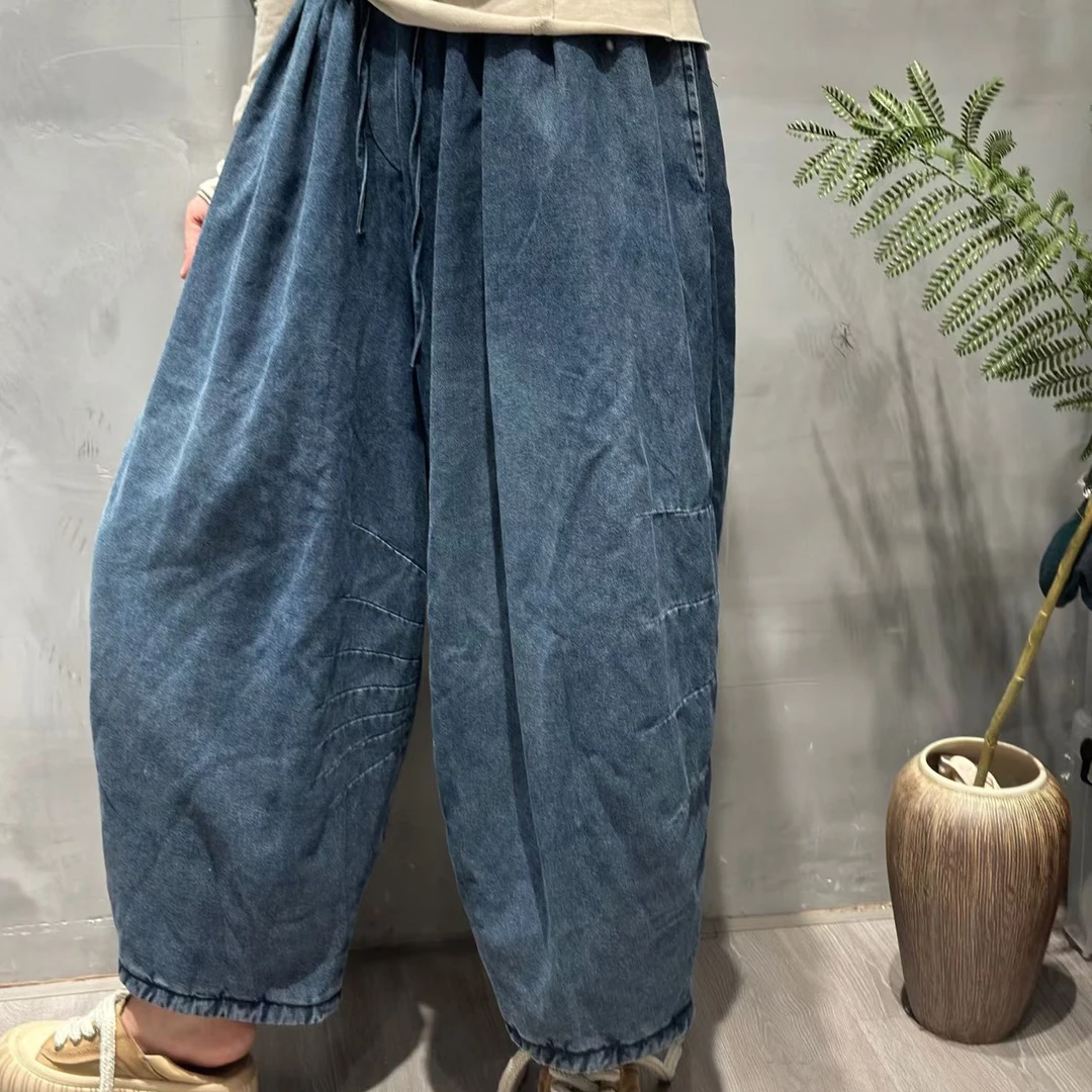 【云吖】冬款加棉复古宽松压褶鼓包水洗牛仔老爹棉裤