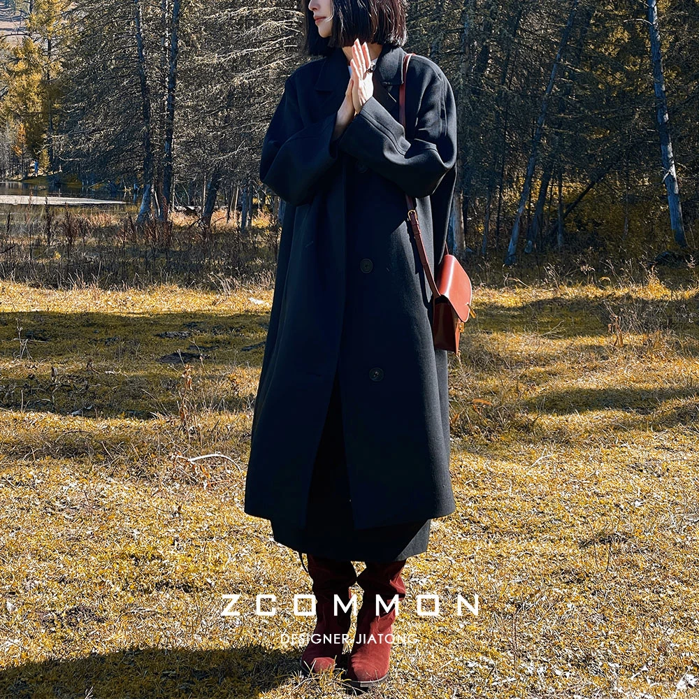 Z common【黑天鹅】秋冬大牌感极简戗驳领长款气质大衣外套 2406086