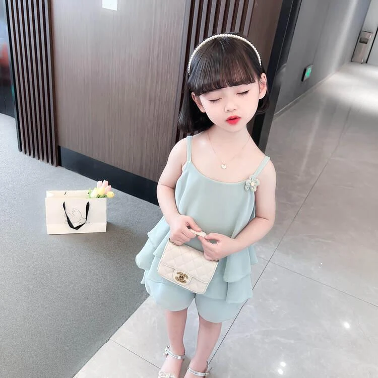 女童夏季套装2025新款洋气儿童吊带夏装时髦女大童雪纺两件套5162