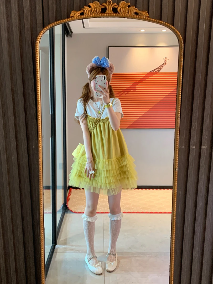 JENNIFER JXLIU韩版自好显白姜黄色蝴蝶结网纱蓬蓬吊带短裙连衣裙