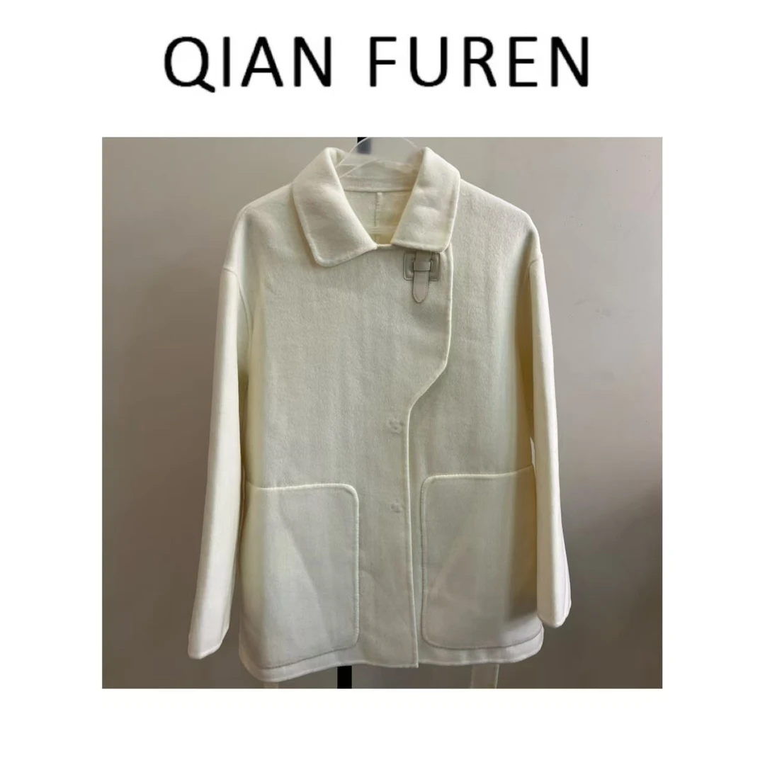 【绒绒细语】白色双面大衣女短款小个子高端赫本风收腰系带韩