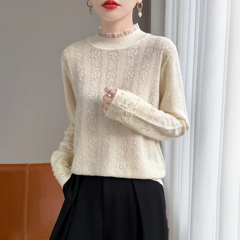 蝴蝶之纱~钉珠精纺羊毛木耳领纯色长袖针织衫宽松欧根纱打底衫