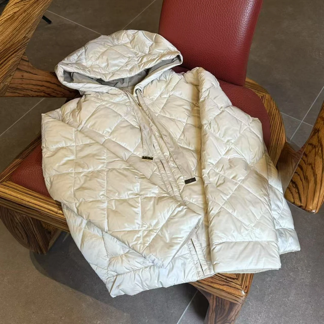 MYL 2025秋季新款锦纶鹅绒羽绒服外套米色双面穿连帽菱格纹外套