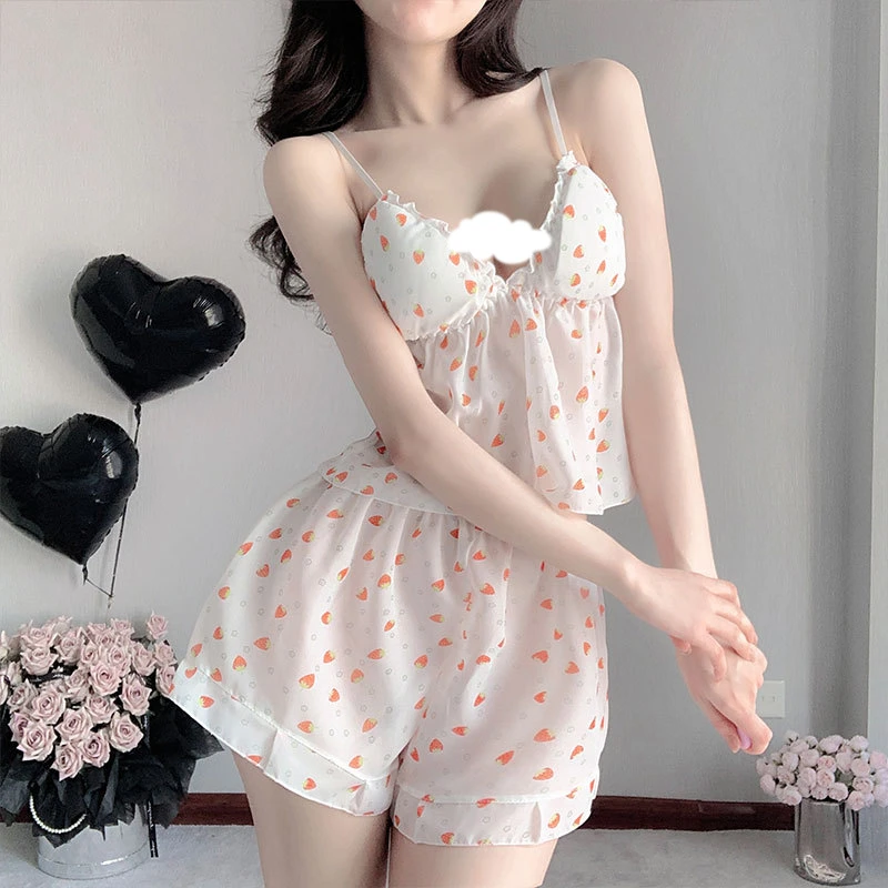 性感纯欲睡衣套装女夏吊带短裤碎花家居服甜美可爱胸垫两件套夏季