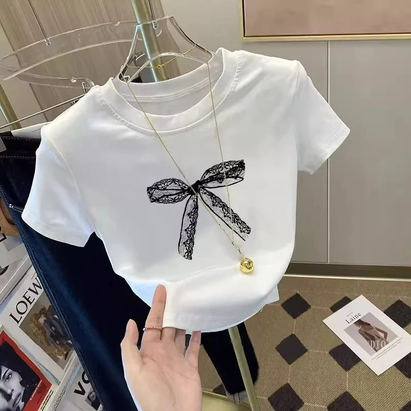 美式潮牌蝴蝶结印花短袖t恤女2025夏季新款小个子修身显瘦上衣ins