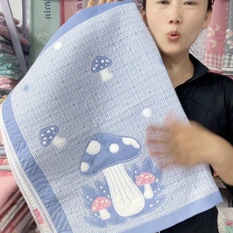 棉纱布蓝色蘑菇纯棉