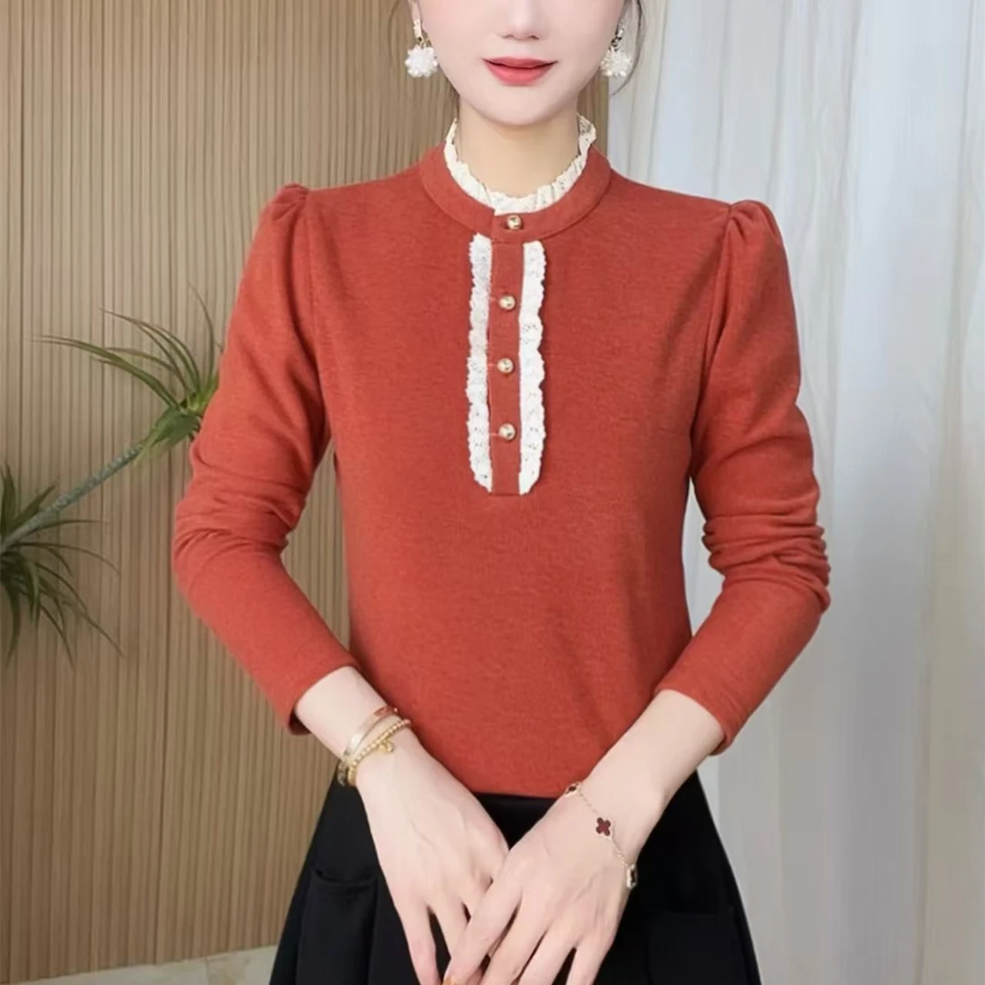 冬季新款木耳边长袖冬季女士加绒蕾丝衬衫打底显瘦时尚半开领小衫