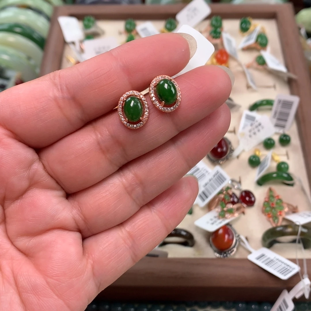 和田玉（碧玉）银S925镶嵌耳饰