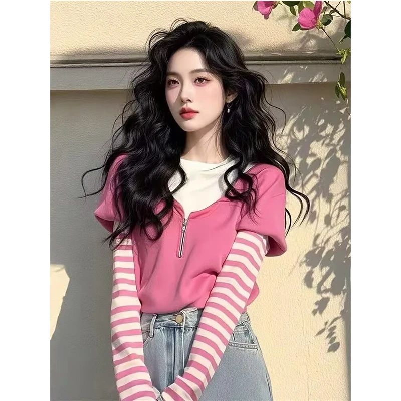 粉色条纹假两件长袖T恤女款春秋2025新款独特设计感小众打底上衣