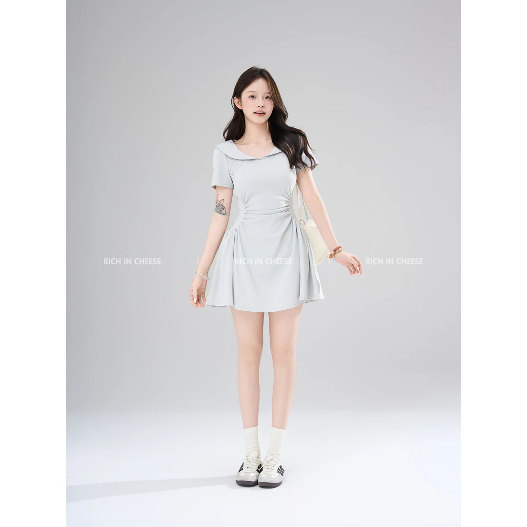 金川川 风吟自由 夏季薄荷蓝翻领褶皱设计收腰休闲显瘦连衣裙