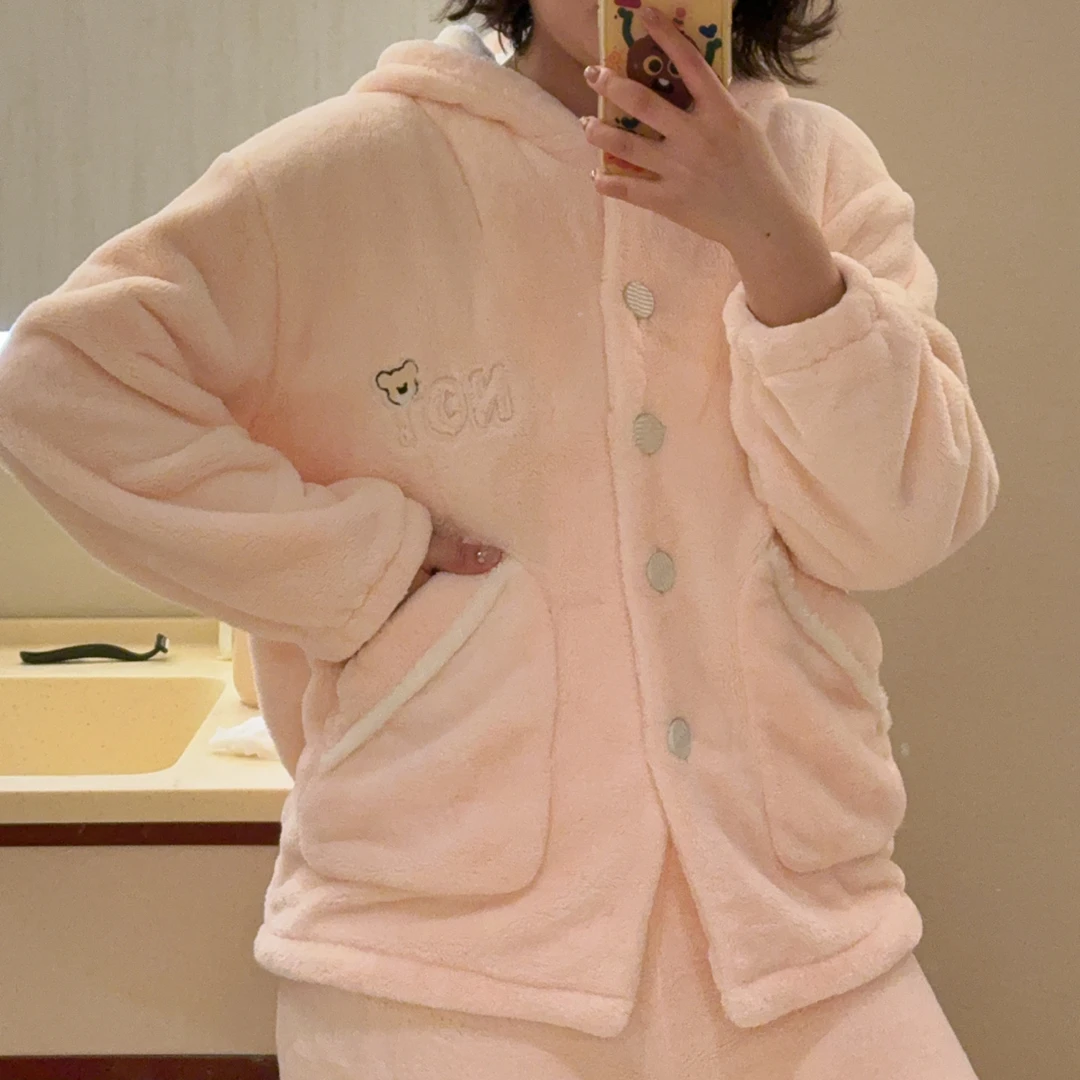 睡衣女秋冬款珊瑚绒加厚开衫绒款家居服套装加绒保暖大码