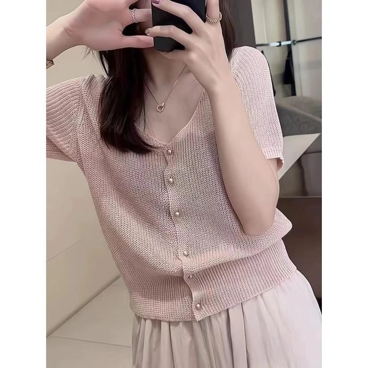 【金豆桃粉粗针】小香风~纯色小V领短袖透气上衣女T恤夏