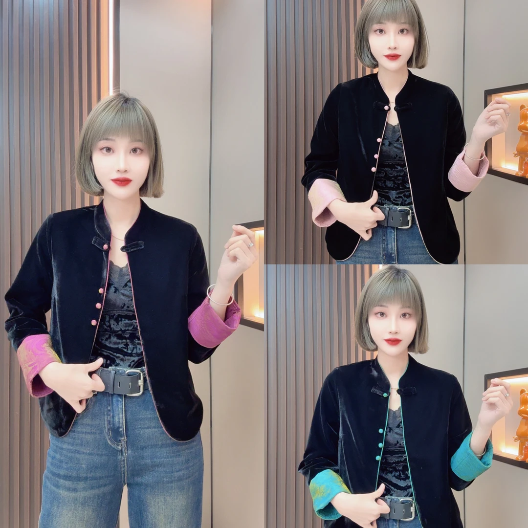 敏宝儿➕3886秋季长袖拼短款丝绒盘扣两面穿百搭新中式穿搭