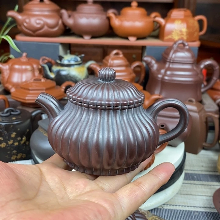 茶壶紫砂筋纹潘壶200cc原矿老紫泥还原烧