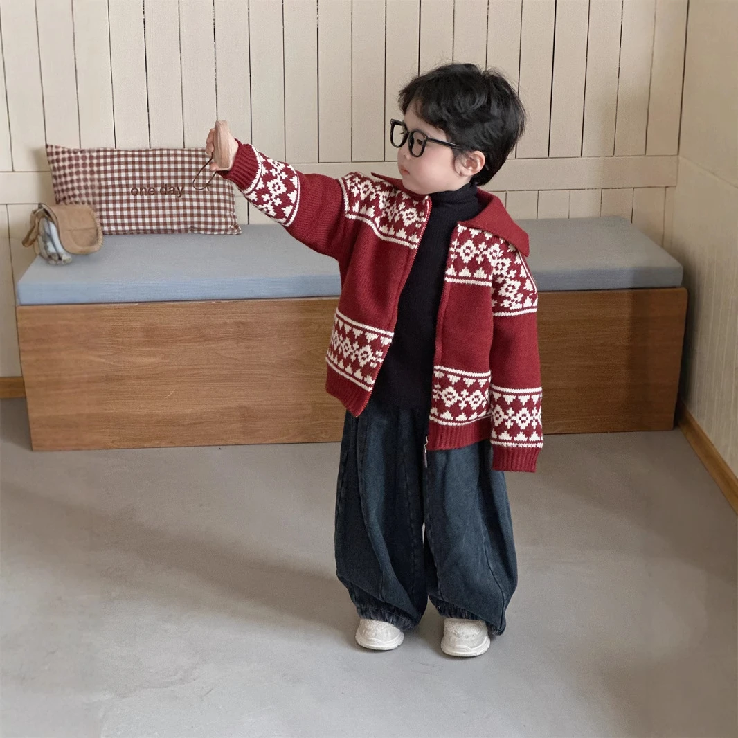 【墩墩容融同款】毛衣冬款男女童韩版复古针织开衫童装加厚加绒上衣