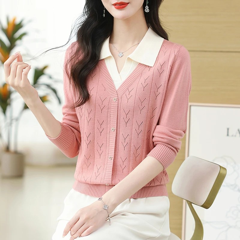 春季薄款针织翻领毛衣女2025年新款洋气显瘦时尚打底衫假两件上衣