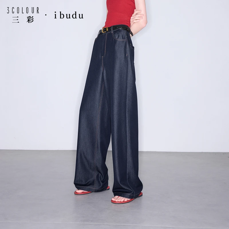三彩ibudu2025夏季新款休闲宽松直筒裤仿牛仔长裤显瘦简约女