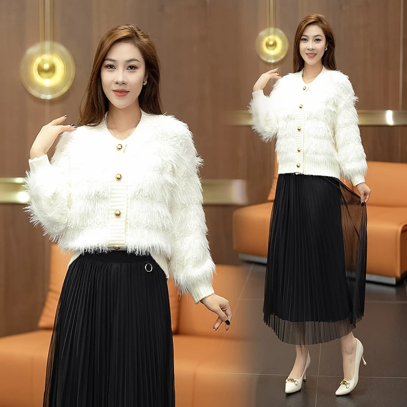 秋冬季圆领闪闪亮丝玫红色短款毛衣女装新款加绒加厚针织衫上衣潮