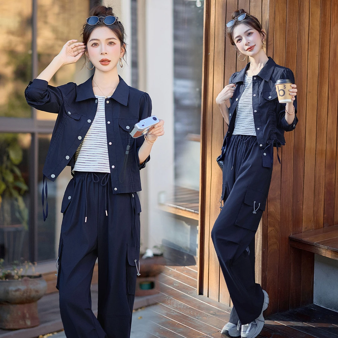 休闲时尚翻领套装女2025春秋新款设计感条纹背心工装阔腿裤三件套